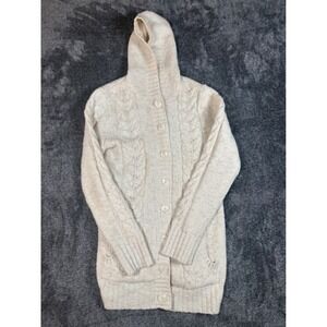 LL Bean Cream Cable Knit Hooded Cardigan Sweater Women's M Wool Blend Pockets